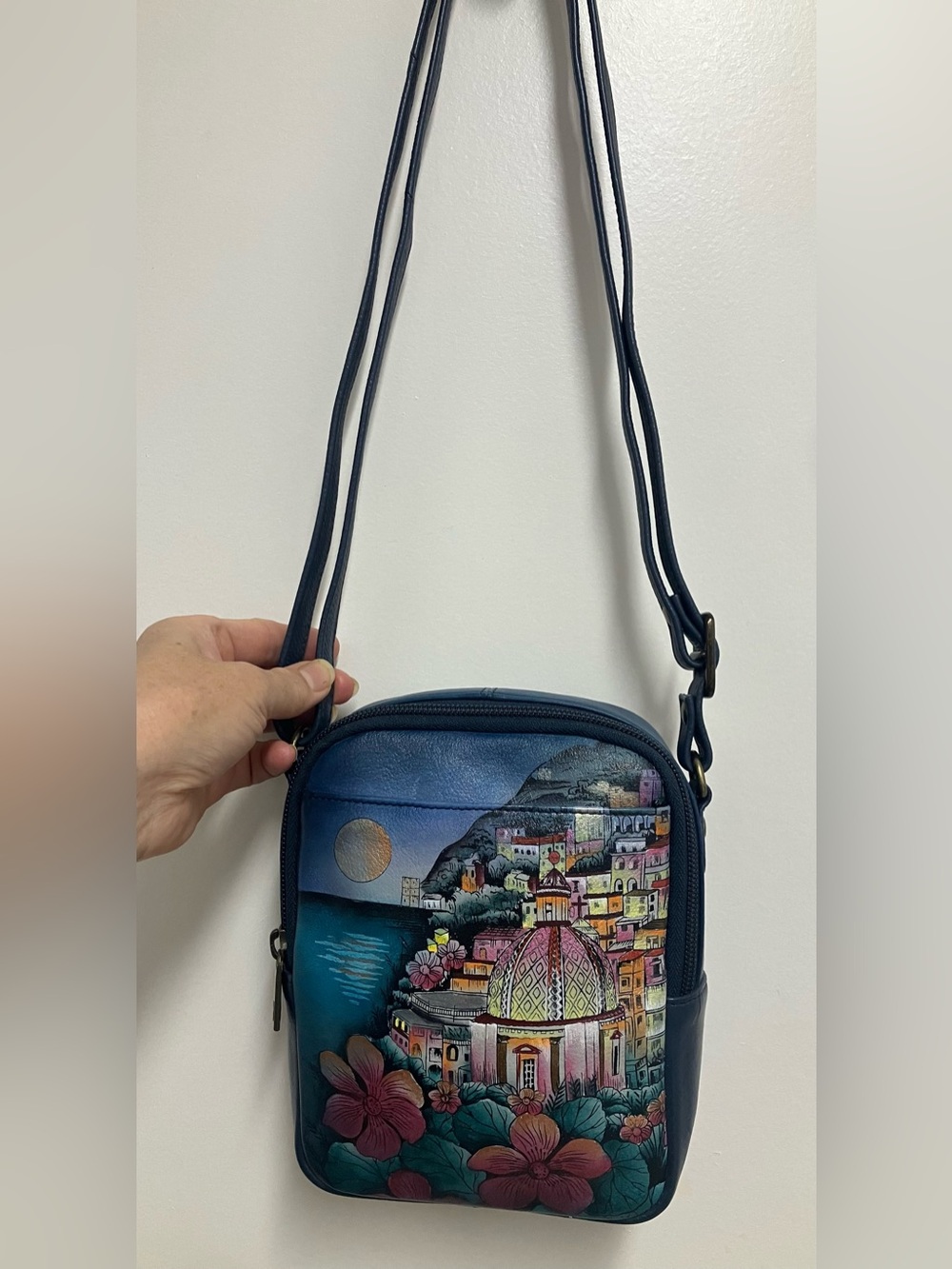 Anuschka Hand-Painted Moonlight Capri - Blue Floral & Coastal Dome Crossbody - Picture 5 of 10